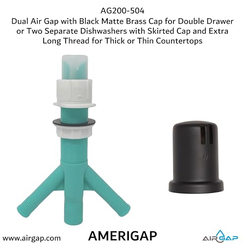 Dual Air Gap with Black Matte Brass Cap for Double Drawer or Two Separate Dishwashers with Skirted Cap and Extra Long Thread for Thick or Thin Countertops (AG200-504)