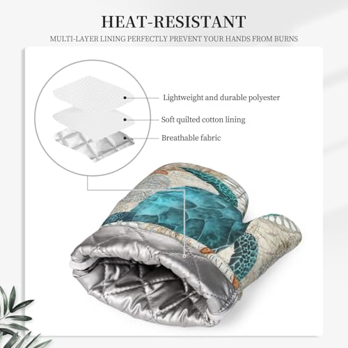 Sea Turtle Ocean Animal Landscape Oven Mitts and Pot Holders Sets Silicone Sea Turtle Kitchen Mitts Potholders Heat Resistant 4Pcs Oven Gloves Hot Pads for Kitchen Grilling (Sea Turtle)