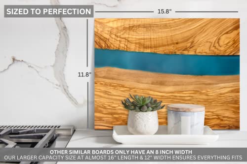 Handcrafted Italian Olive Wood Cheese & Charcuterie Board Set with Unique Blue Resin Artwork (Blue)