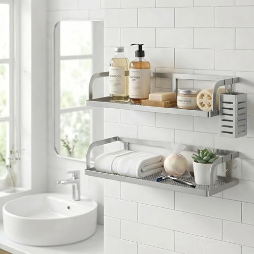 2 Pack Wide Hollowout Shower Caddy & Spice Rack (Silver Grey / U-Shape Easy Access (12.6" Wide))