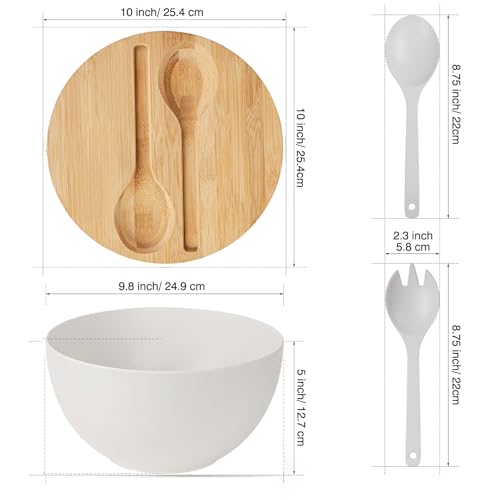 10” Bamboo Fiber Large Salad Serving Bowl Set with Wooden Lid & Servers (9.84 inch / Matte White)