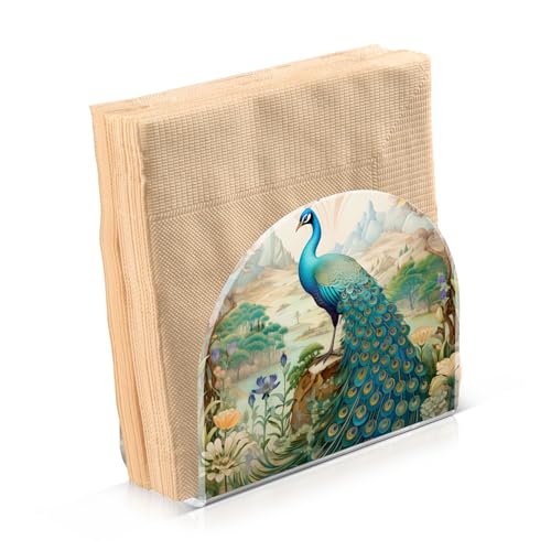 Peacock Garden Napkin Holder for Table Paper Napkins Holder Acrylic Tissue Dispenser Kitchen Dining Room Bathroom Party Car Decor (NH077 / 4.1x4.9x1.97in)