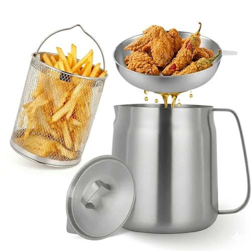 68oz Stainless Steel Oil Filter Pot with Deep Fryer Basket & Oil Strainer (2.1 quarts)