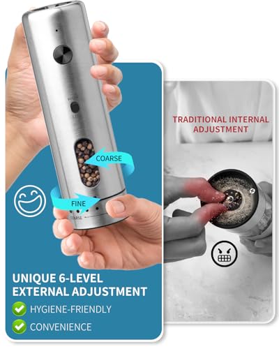 Electric Salt and Pepper Grinder Set with Rechargeable Base Upgraded Stainless Steel Automatic Salt and Pepper Shakers with 2 Grinding Speeds (External Adjustment Silver)