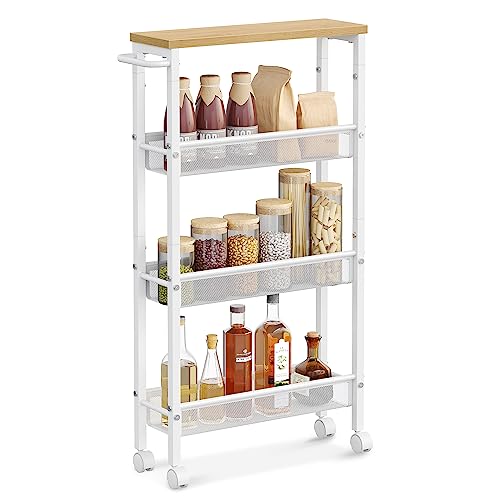 4 Tier Slim Rolling Storage cart with Wheels (Oak Beige + Classic White / 4 Tiers (5.1"D x 30.3"H))