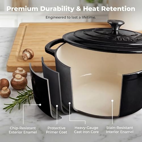 6.4 Quart Enameled Cast Iron Dutch Oven Pot with Lid (Black / 6.4 Quart)