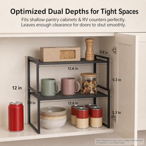Stackable Kitchen Cabinet Organizer Shelves Pantry Rack Set of 2 (Charcoal Black / 12.6‘’ W)