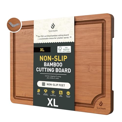 Extra Large Bamboo Cutting Board with Non Slip Feet and Over Sink Butcher Block Chopping Board Wooden Cutting Boards Solid Thick Juice Groove Big Xl XXl xlarge Kitchen Counter Organic Meat BBQ Kit (1 Pack / Brown)