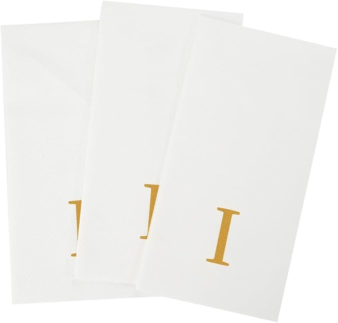 Luxenap 15.8 X 7.9 Inch Linen-Feel Guest Towels, 2000 Lettered Hand Towels - Gold Letter 'I', Sans Serif Font, White Paper Dinner Napkins, airlaid, For Restrooms And Tables
