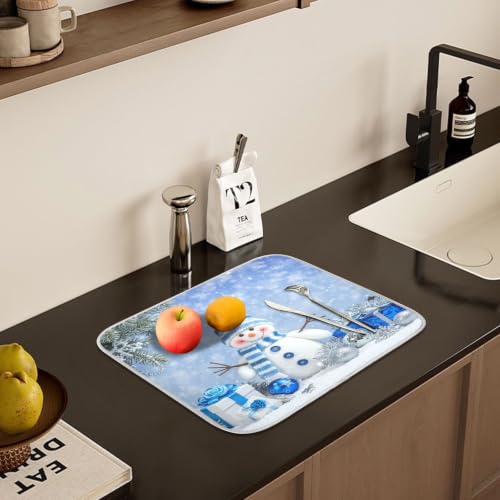 Christmas Snowman Winter Dish Drying Mat for Kitchen Counter Absorbent Microfiber Large Drying Pad Dish Mats Snowflake for Kitchen Countertops 18 x 24 Inch (Christmas Snowman Blue / 24" x 18")