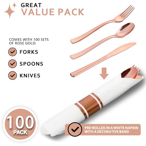 400PCS Pre Rolled Rose Gold Plastic Silverware Heavy Duty for Party (Rose Gold - Classic)
