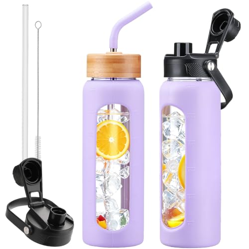 24oz Glass Water Bottle with Straw and 2 Lids (Purple / 24 Ounces)