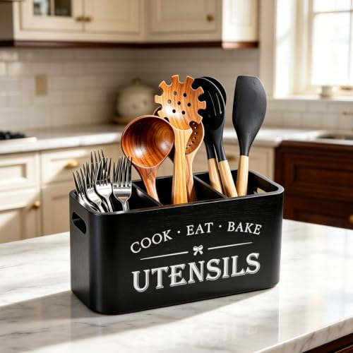 Wooden Kitchen Utensil Holder Organizer for Counter or Countertop (black / 3 Compartment)