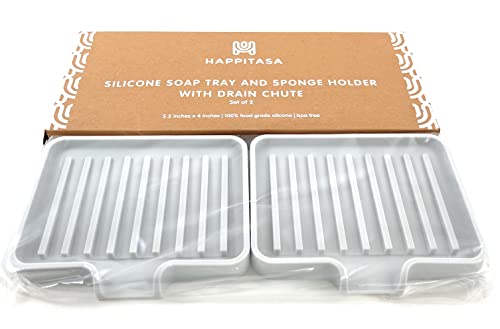 Silicone Soap Dish Tray and Sponge Holder with Drain Chute (2 Count)