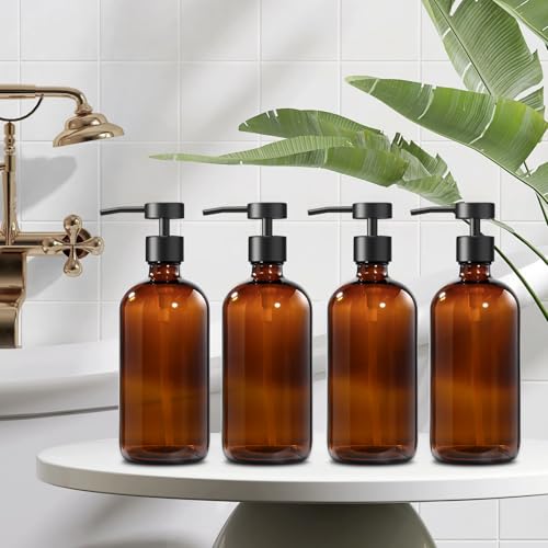 Amber Glass Soap Dispenser (Amber Bottle + Black Flat Pump / 4 Pack)