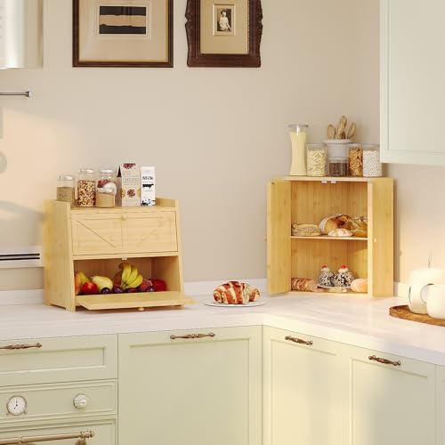 Vintage Double Layer Bread Box for Kitchen Counter Bamboo Bread Storage Container Large Capacity Bread Storage Bin