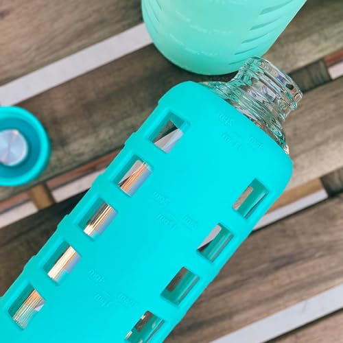 40oz / 32oz / 22oz / 12oz Borosilicate Glass Water Bottle with Time & Volume Markers, Silicone Sleeve, Stainless Steel Lid | Reusable Glass Bottle for Water & Juice (32oz Aqua Blue) (Aqua Blue (1 Count) / 32 Ounces)