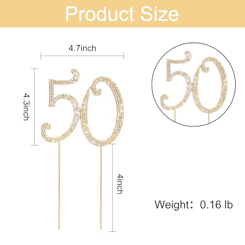 Gold 50th Birthday Cake Topper Rhinestones Cake Decorations for 50th Birthday Party (50th- Gold)