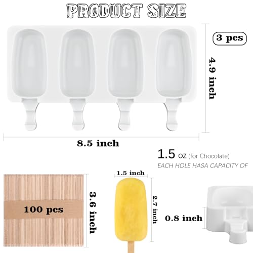 3 Pcs 4 Cavity Mini Popsicle Silicone Molds with 100 Wooden Sticks (3 Pcs Mini - White)
