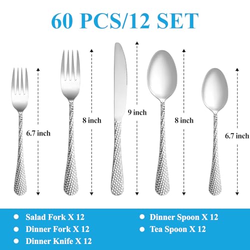 60 Pcs Hammered Silverware Set Service for 12 (Silver)