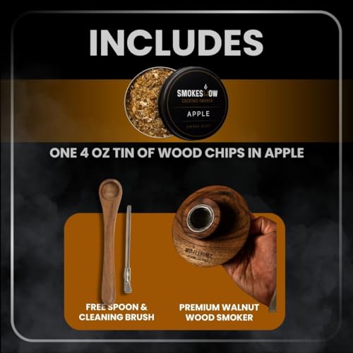 Premium Walnut Wood Cocktail Smoker with One 4 oz Tin of Wood Chips. Great for Whiskey & Old Fashion. Coated in Safe Food Natural Beeswax (Apple)