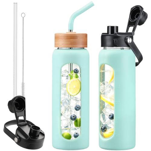 24oz Glass Water Bottle with Straw and 2 Lids (Mint Green / 24 Ounces)