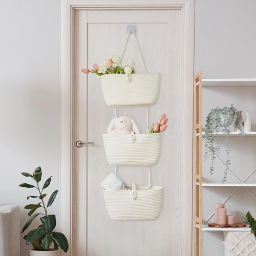 3 Tier Hanging Baskets for Storage with Pearl Button Strap (White / 3 tier+Pearl Button)