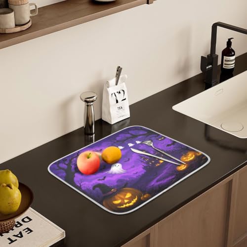 Halloween Scary Night Pumpkin Lanterns Purple Castle Dish Drying Mat for Kitchen Counter Absorbent Microfiber Small Drying Pad Dish mats for Kitchen Countertops 16 x 18 Inch (Halloween Scary Night / 18" x 16")