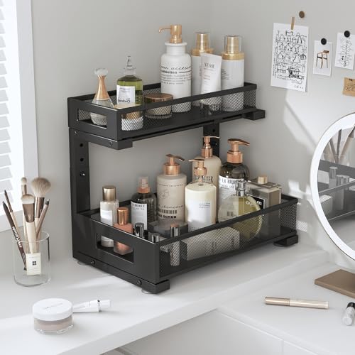1 Pack-11.4"-16.14"H Under Sink Storage Organizer, Large 2-Tier Elegant Mesh Pull Out Shelf for Kitchen and Bathroom Cabinet Organization, L-Shaped and Adjustable Height Design for Maximum Space-Black (Black / 1 Pack-15.74"Dx11.4"-16.14"H)