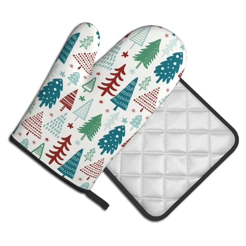 Pine Tree Oven Mitts and Pot Holder Set of 2 Winter Xmas Washable Kitchen Heat Resistant Gloves for Microwave BBQ Cooking Baking Grilling (Xmas Tree)