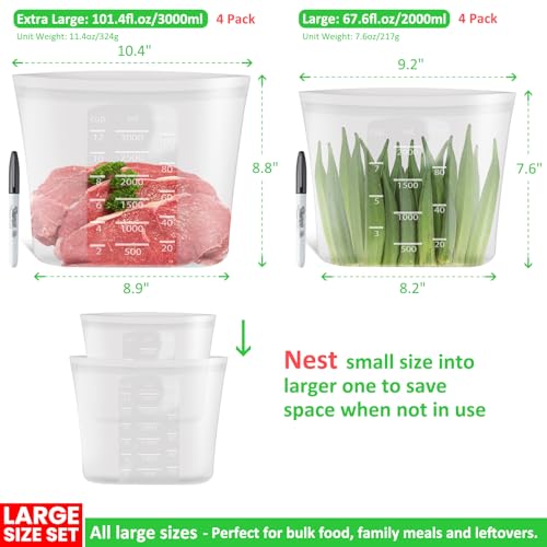Premium Silicone Reusable Storage Bags (Clear | Large Storage Set | 8 Pack)