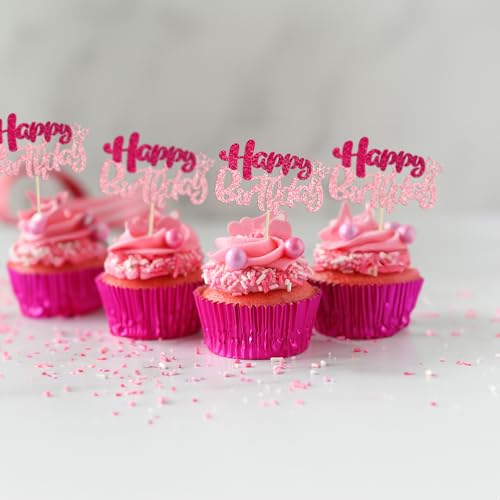 24Pcs Happy Birthday Cupcake Toppers Double Layer Glitter Happy Birthday Cake Decorations for Celebrating Baby Shower Theme Kids Boys Girls Birthday Anniversary Party Supplies Rose Red Pink (24 Count)