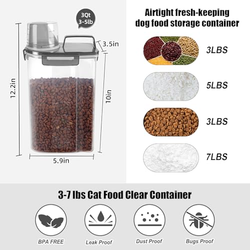 3-5Lbs/3Qt Dog Cat Food Storage Container With Foldable Bowl. Plastic Pet Food Dispenser for Small Animal Kibble/Pet Food/Bird Seed/Oatmeal/Rice/Flour/Brown Sugart/Cereals (Clear Black) (Clear Black / 3L-1pack)