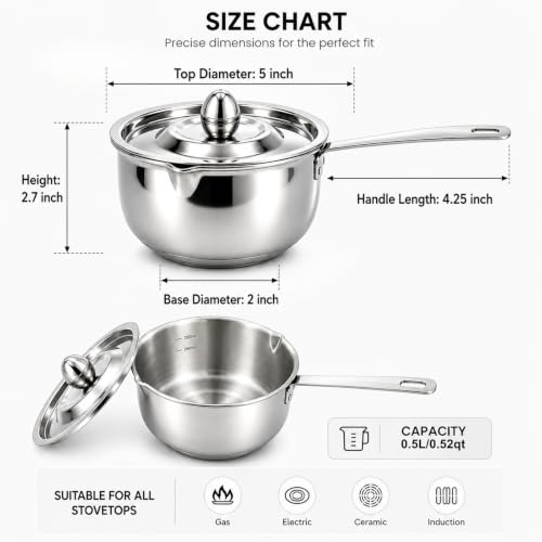Tri Ply Stainless Steel Small Stainless Steel Pot with Pour Spout (Silver)