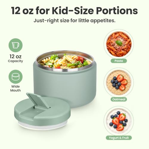 12oz Insulated Vacuum Food Jar with Buckle Lid Wide Mouth Soup Thermo for Hot Food Kids Leakproof Stainless Steel Lunch Container (Seafoam Green / 12OZ)