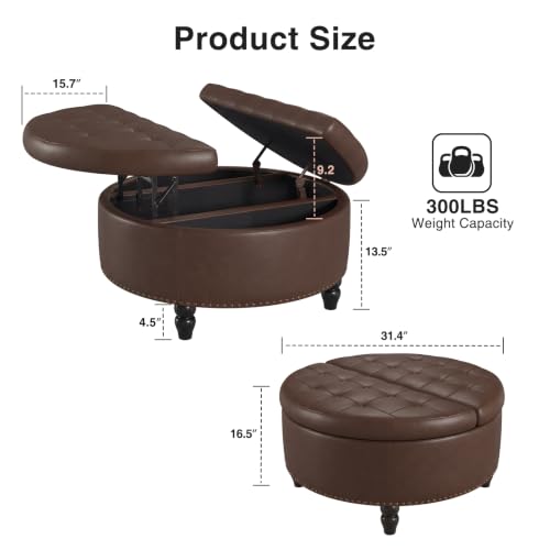 31.5 Inch Large Round Ottoman with Storage Circular (Chocolate)