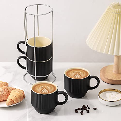 Black Coffee Mug Porcelain Set of 4 with Rack (Matte Black / 12 Ounces)