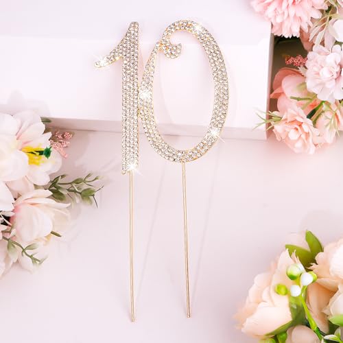 Gold 10th Birthday Cake Topper Rhinestones Cake Decorations for 10th Birthday Party (10th- Gold)