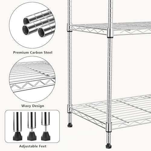 1250 lbs 5 Tier Shelf Metal Storage Shelves Wire Rack Closet Organizers with Wheel for Garage Kitchen Bathroom Laundry Chrome 13.7" D x 23.6" W x 62.4" H (5 Count)