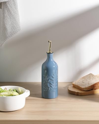 Sweejar Ceramic Olive Oil Dispenser Bottle 20 Oz Relief Opaque Oil Cruet Protects To Reduce Oxidation Suitable for Storage Vinegar (Fog Blue / 20 oz (Gold Spout), Set of 1)