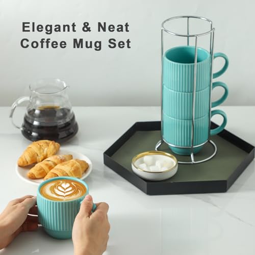 Coffee Mug 12 oz Set of 4 with Rack (Teal / 12 Ounces)