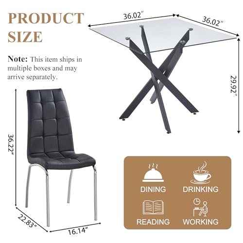 36” Square Glass Dining Table Set for 4 (Black Square Table/Black Pu Chairs / 5 Pieces)