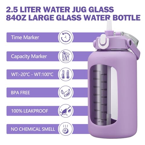 84oz Glass Water Bottle with Straw (Purple / 84 Ounces)