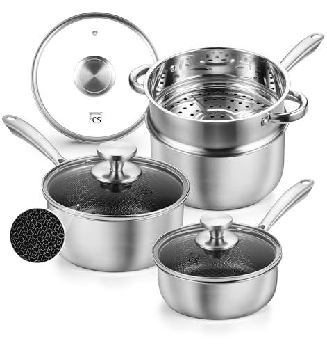Hybrid Nonstick Stainless Steel Saucepan Set with Steamer Insert (1+2+3 Quart / Silver)