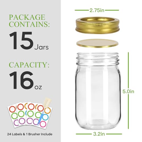 Glass Mason Jars 16 oz (Gold Split Lids-16oz)