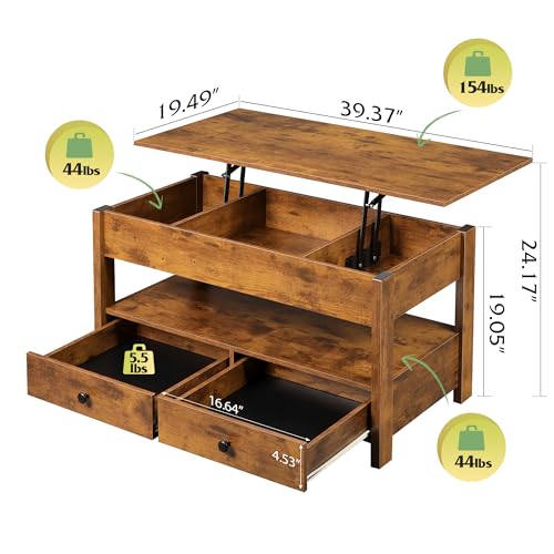 Lift Top Coffee Table with 2 Drawers (Rustic Oak / 39" with Drawer)
