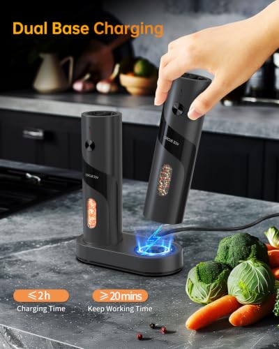 Rechargeable Electric Salt and Pepper Grinder Set Automatic Pepper Mill Grinders with Charging Base (Black)