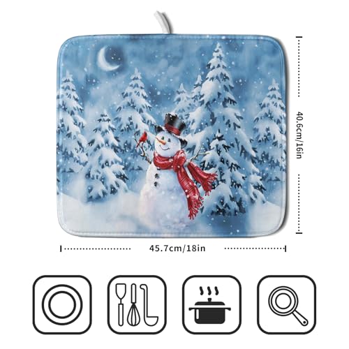 Blue Snowman Dish Drying Mat Winter Pine Tree Drainer Rack Mats 16x18 Inch Absorbent Fast Dry Dish Pad Protector Kitchen Counter Accessories (Winter Blue Snowman / 16" x 18")