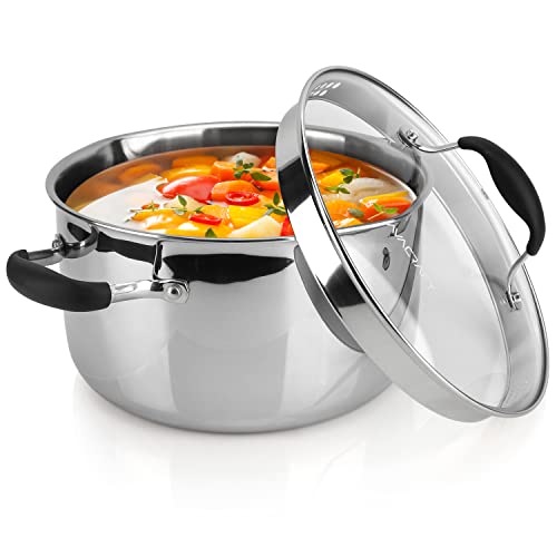 6 Quart Tri Ply Stainless Steel Stock Pot with Glass Strainer Lid (6 Quarts)