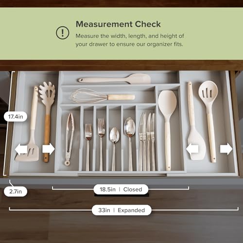Silverware & Utensil Drawer Organizer (Gray Bamboo / From 18" to 33" Wide)